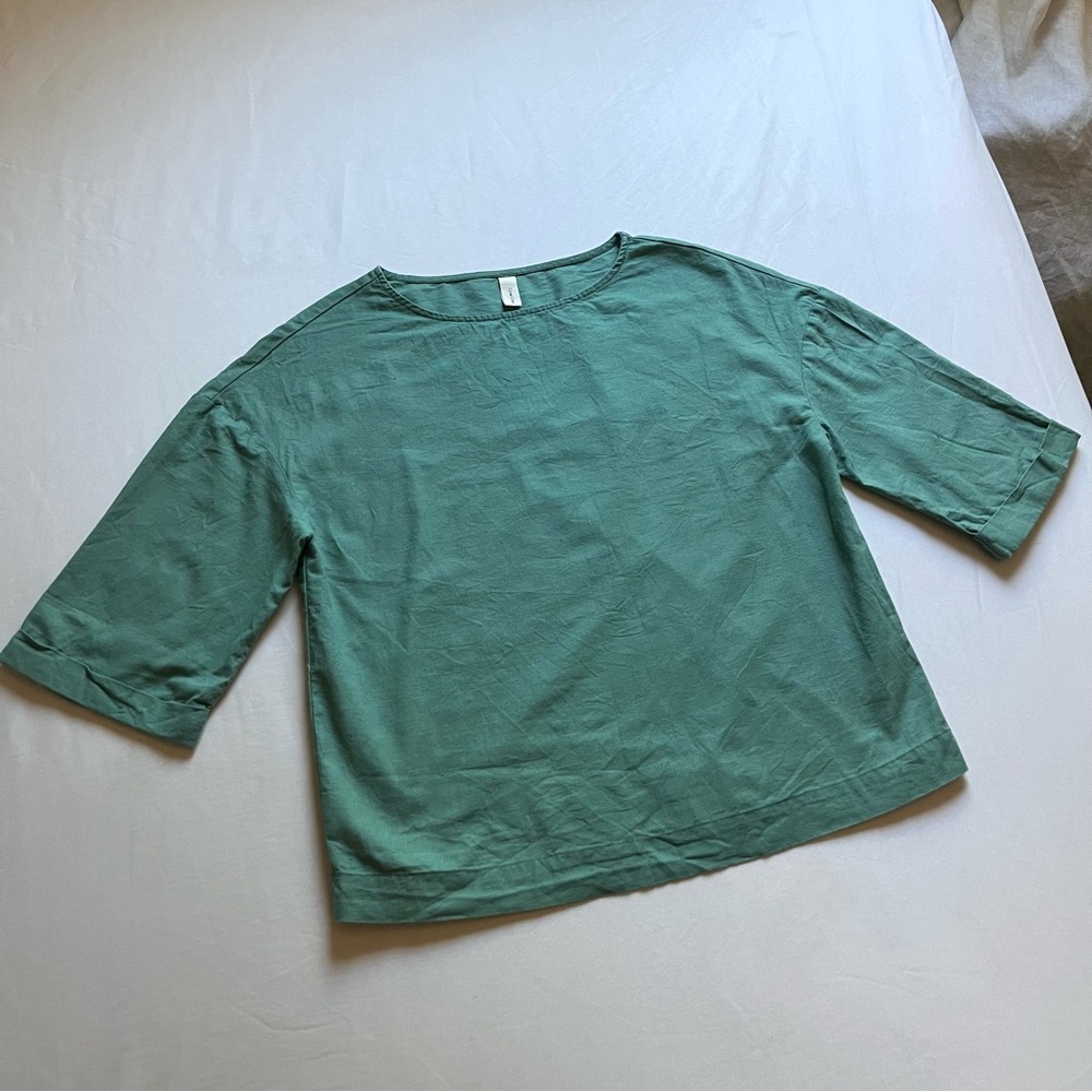 GRAE COVE green linen cotton crew neck boxy cropped‎ short sleeve shirt blouse